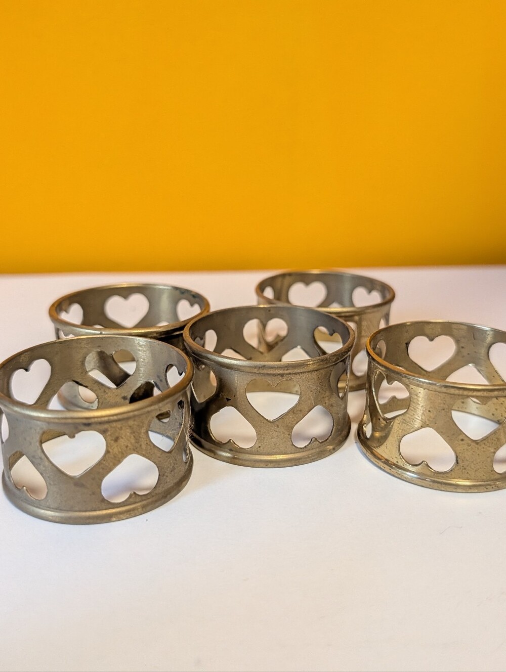 Set of 5 Heart Cutout Vintage Brass Napkin Rings